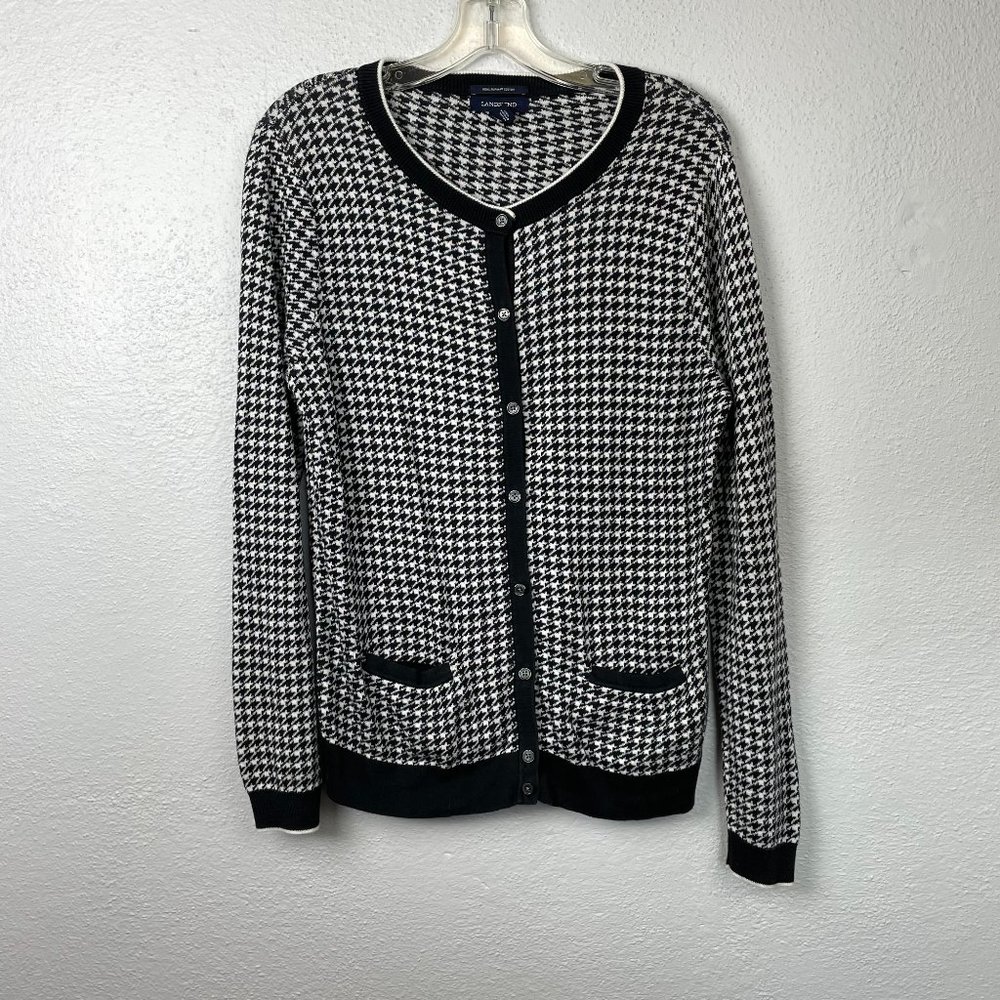Lands' End Women's Navy Houndstooth Cardigan Sweater - Size M